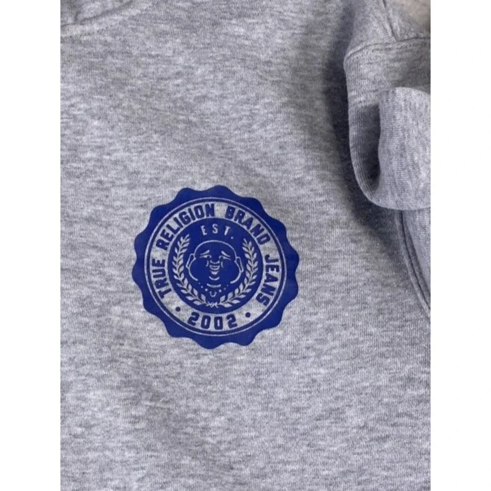 True Religion Men Hoodie Zip Up Gray Blue Alumni Buddha Big Horseshoe Fleece Med